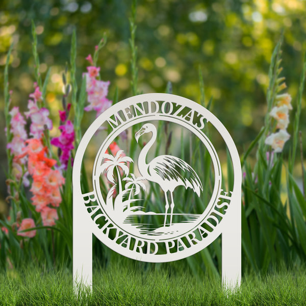 Personalized Flamingo Paradise Metal Yard Stake, Tropical Home Decor, Pink Flamingo Lawn Ornaments , Flamingo Yard Stake for the Lawn, Flamingo Lawn Decor, Flamingo Yard Decor, Flamingo Lover Gift. Flamingo Garden Ornament