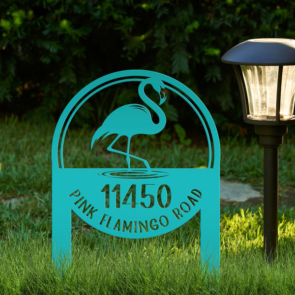 Personalized Flamingo Address Metal Yard Stake, Flamingo Gift, Flamingo Lovers, Flamingo Beach Address Sign for the Yard, Flamingo Address Lawn Ornament with Address, Tropical Address Yard Stake