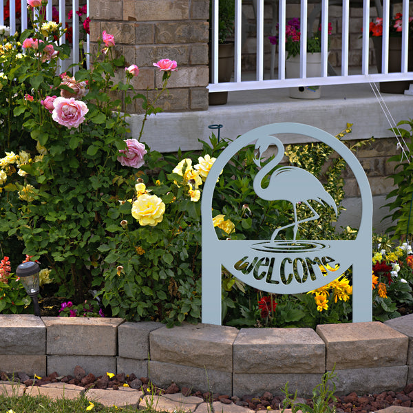 Tropical Flamingo Welcome Sign - Whimsical Metal Yard Stake - Welcoming Entryway Home Decor - Unique Garden Decorations - Housewarming Gifts