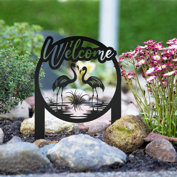 Charming Welcome Flamingo Metal Garden Stake for Outdoor Décor - Welcoming Tropical Yard Sign - Laser Cut Lawn Stakes - Housewarming Gift