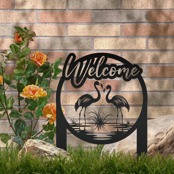 Charming Welcome Flamingo Metal Garden Stake for Outdoor Décor - Welcoming Tropical Yard Sign - Laser Cut Lawn Stakes - Housewarming Gift