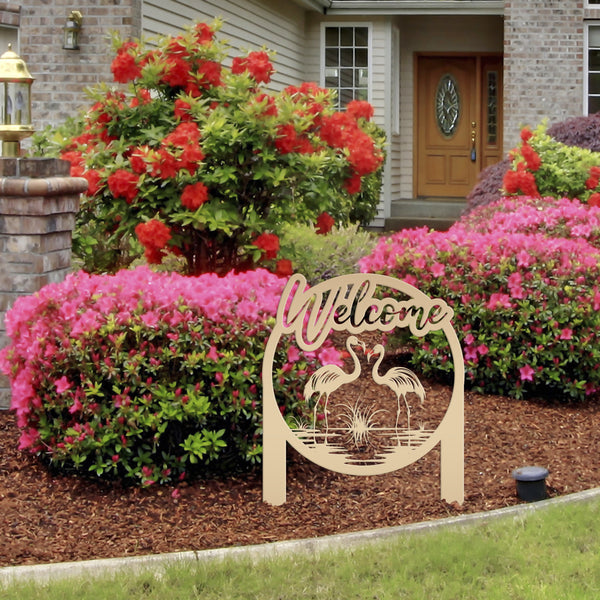 Charming Welcome Flamingo Metal Garden Stake for Outdoor Décor - Welcoming Tropical Yard Sign - Laser Cut Lawn Stakes - Housewarming Gift