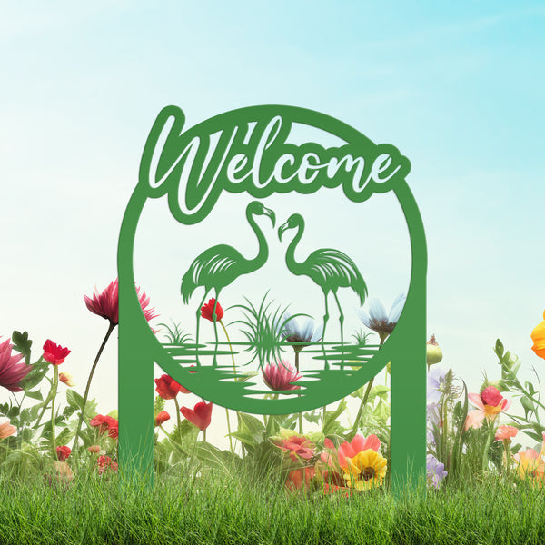 Charming Welcome Flamingo Metal Garden Stake for Outdoor Décor - Welcoming Tropical Yard Sign - Laser Cut Lawn Stakes - Housewarming Gift