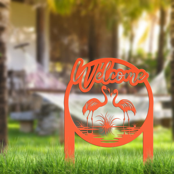 Charming Welcome Flamingo Metal Garden Stake for Outdoor Décor - Welcoming Tropical Yard Sign - Laser Cut Lawn Stakes - Housewarming Gift