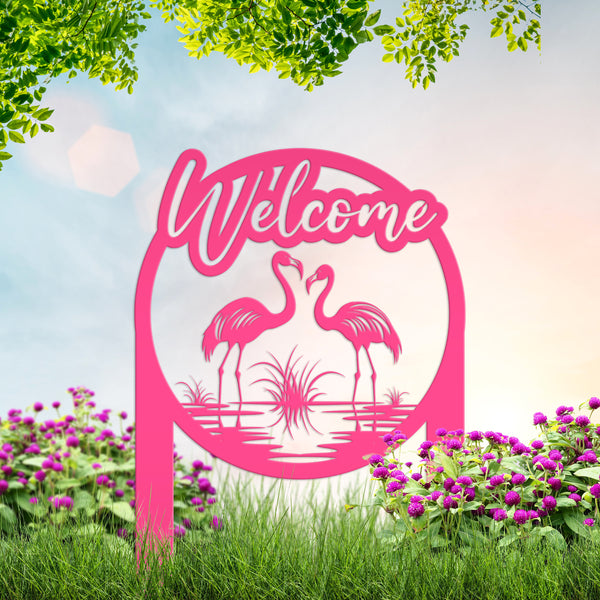Charming Welcome Flamingo Metal Garden Stake for Outdoor Décor - Welcoming Tropical Yard Sign - Laser Cut Lawn Stakes - Housewarming Gift
