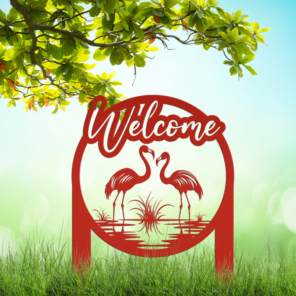 Charming Welcome Flamingo Metal Garden Stake for Outdoor Décor - Welcoming Tropical Yard Sign - Laser Cut Lawn Stakes - Housewarming Gift