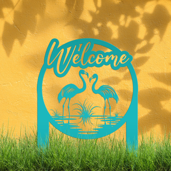 Charming Welcome Flamingo Metal Garden Stake for Outdoor Décor - Welcoming Tropical Yard Sign - Laser Cut Lawn Stakes - Housewarming Gift
