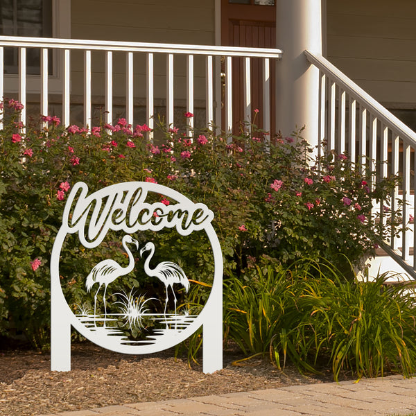 Charming Welcome Flamingo Metal Garden Stake for Outdoor Décor - Welcoming Tropical Yard Sign - Laser Cut Lawn Stakes - Housewarming Gift