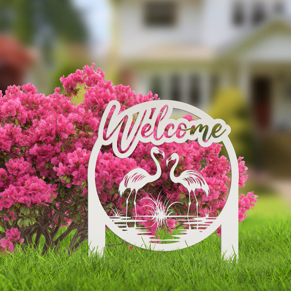 Charming Welcome Flamingo Metal Garden Stake for Outdoor Décor - Welcoming Tropical Yard Sign - Laser Cut Lawn Stakes - Housewarming Gift