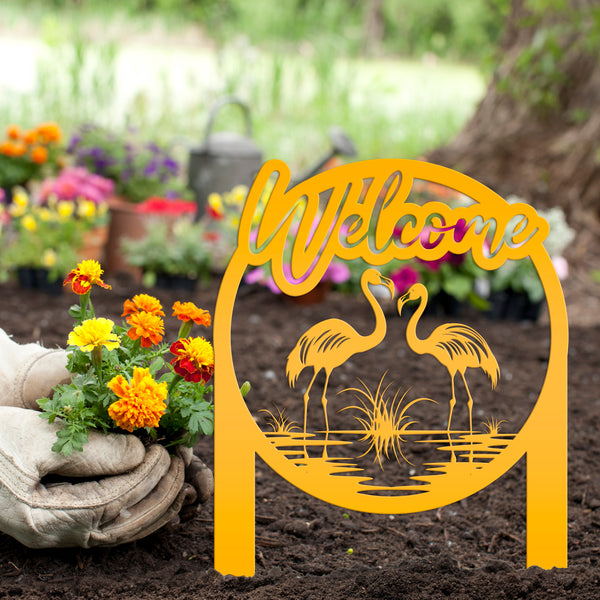 Charming Welcome Flamingo Metal Garden Stake for Outdoor Décor - Welcoming Tropical Yard Sign - Laser Cut Lawn Stakes - Housewarming Gift