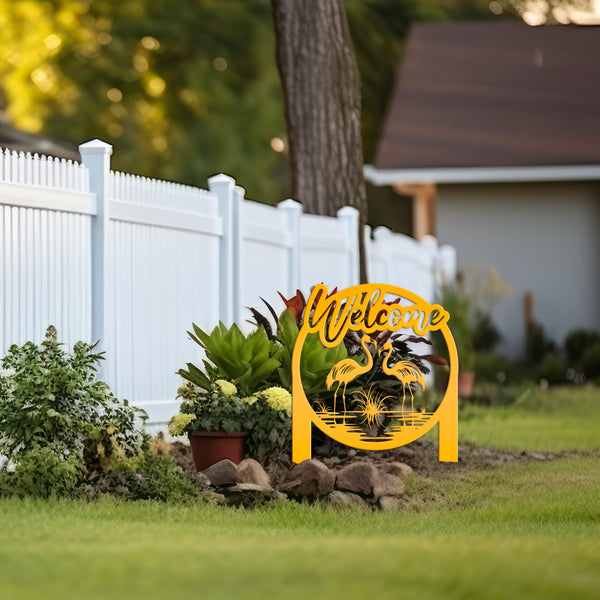 Charming Welcome Flamingo Metal Garden Stake for Outdoor Décor - Welcoming Tropical Yard Sign - Laser Cut Lawn Stakes - Housewarming Gift