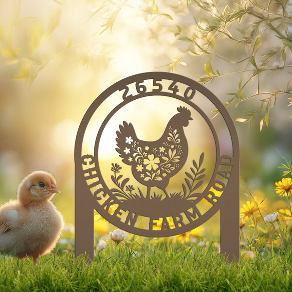 Chicken Coop Metal Address Yard Stake - Personalized Farm Sign - Cute Floral Chicken Home Decor - Farmhouse Lawn Display - Garden Decoration