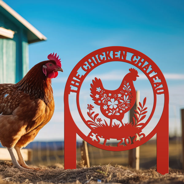 Chicken Coop Metal Address Yard Stake - Personalized Farm Sign - Cute Floral Chicken Home Decor - Farmhouse Lawn Display - Garden Decoration