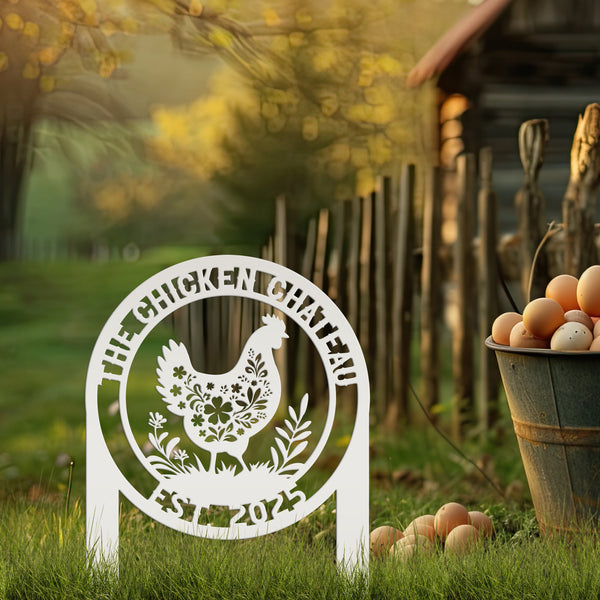 Chicken Coop Metal Address Yard Stake - Personalized Farm Sign - Cute Floral Chicken Home Decor - Farmhouse Lawn Display - Garden Decoration