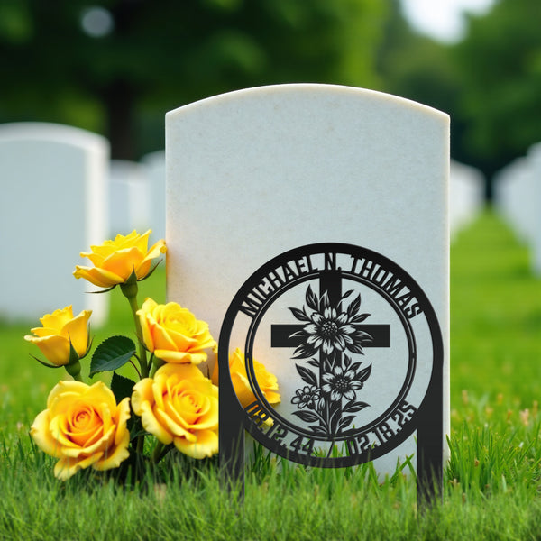 Christian Cross Garden Stake - Gravesite Memorial Metal Sign - Custom Family Name Lawn Art - Religious Yard Ornament - Faith Inspired Signs