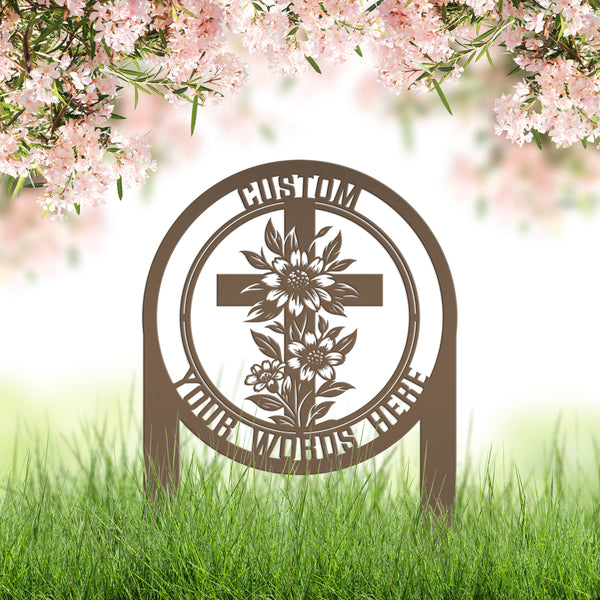 Christian Cross Garden Stake - Gravesite Memorial Metal Sign - Custom Family Name Lawn Art - Religious Yard Ornament - Faith Inspired Signs