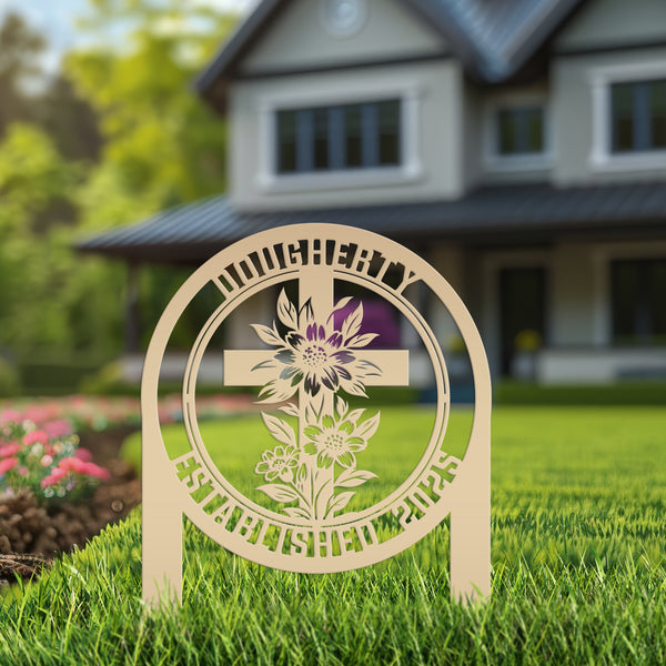 Christian Cross Garden Stake - Gravesite Memorial Metal Sign - Custom Family Name Lawn Art - Religious Yard Ornament - Faith Inspired Signs