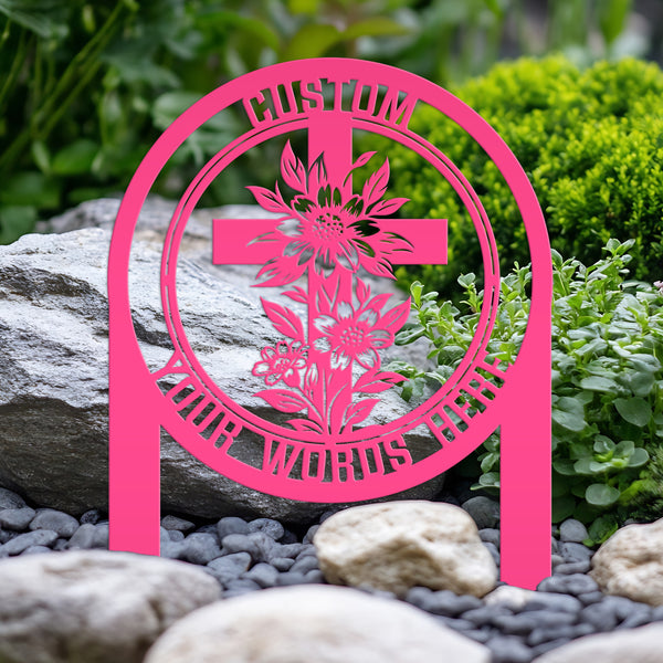 Christian Cross Garden Stake - Gravesite Memorial Metal Sign - Custom Family Name Lawn Art - Religious Yard Ornament - Faith Inspired Signs