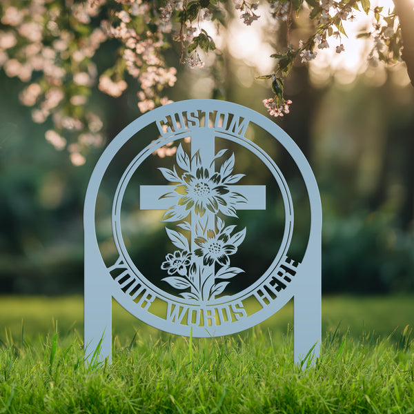 Christian Cross Garden Stake - Gravesite Memorial Metal Sign - Custom Family Name Lawn Art - Religious Yard Ornament - Faith Inspired Signs