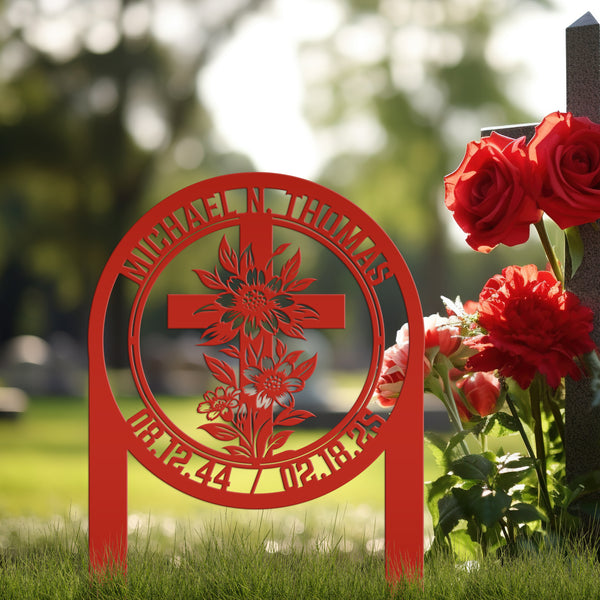 Christian Cross Garden Stake - Gravesite Memorial Metal Sign - Custom Family Name Lawn Art - Religious Yard Ornament - Faith Inspired Signs