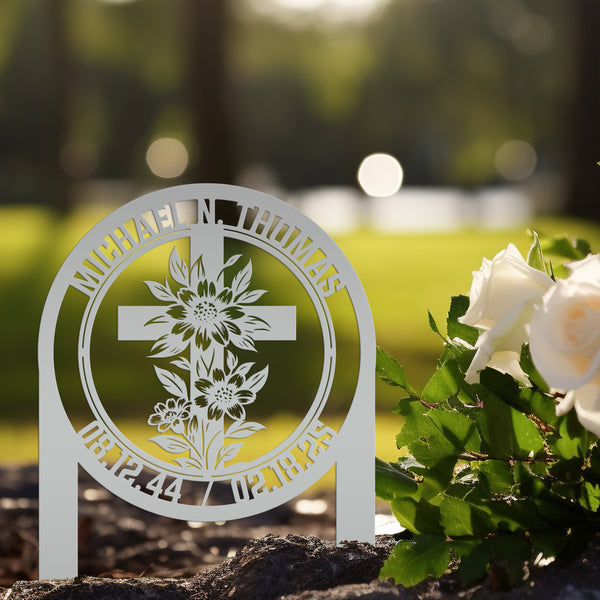 Christian Cross Garden Stake - Gravesite Memorial Metal Sign - Custom Family Name Lawn Art - Religious Yard Ornament - Faith Inspired Signs