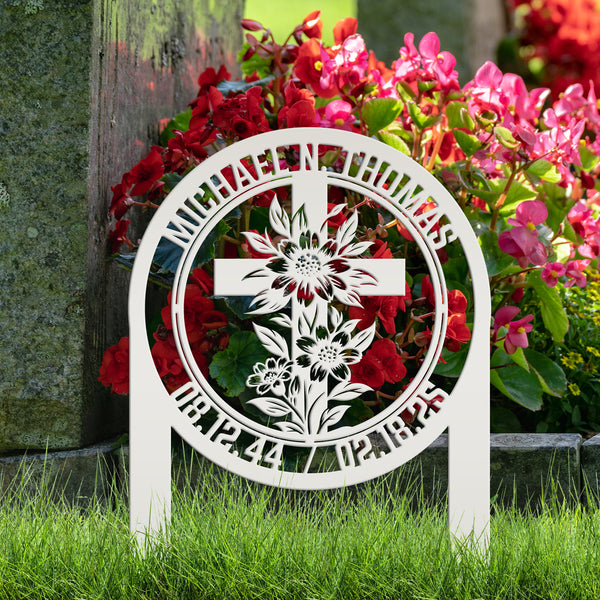 Christian Cross Garden Stake - Gravesite Memorial Metal Sign - Custom Family Name Lawn Art - Religious Yard Ornament - Faith Inspired Signs