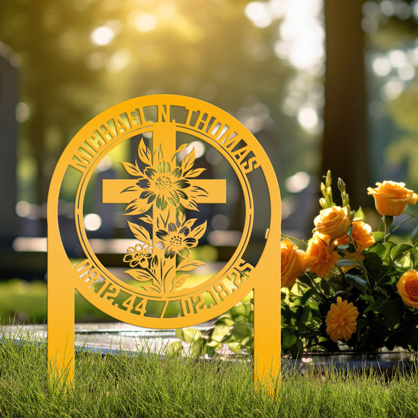 Christian Cross Garden Stake - Gravesite Memorial Metal Sign - Custom Family Name Lawn Art - Religious Yard Ornament - Faith Inspired Signs