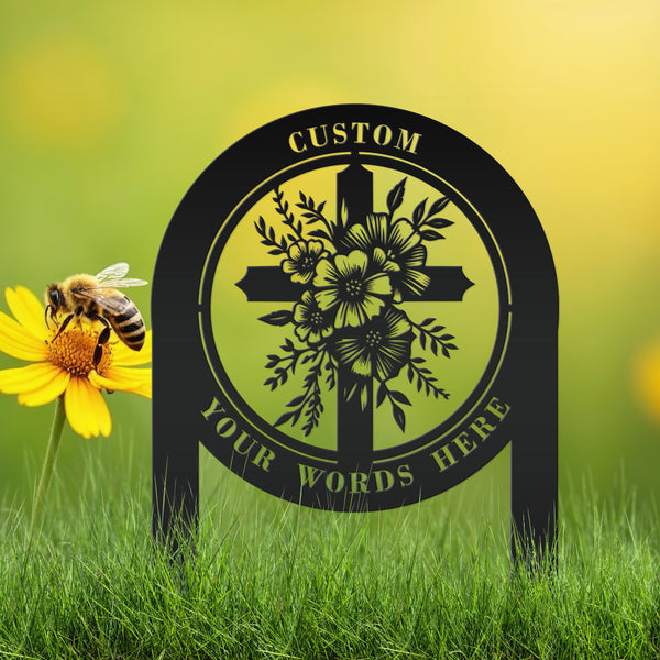 Floral Cross Metal Yard Stake - Outdoor Christian Art Decor - Flower Laser Cut Design - Faith Inspired Lawn Sign - Custom Gravesite Memorial