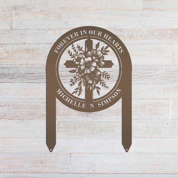 Floral Cross Metal Yard Stake - Outdoor Christian Art Decor - Flower Laser Cut Design - Faith Inspired Lawn Sign - Custom Gravesite Memorial