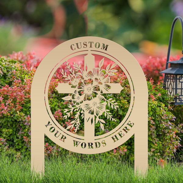 Floral Cross Metal Yard Stake - Outdoor Christian Art Decor - Flower Laser Cut Design - Faith Inspired Lawn Sign - Custom Gravesite Memorial