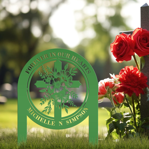 Floral Cross Metal Yard Stake - Outdoor Christian Art Decor - Flower Laser Cut Design - Faith Inspired Lawn Sign - Custom Gravesite Memorial