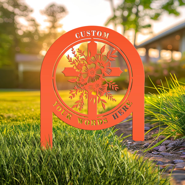Floral Cross Metal Yard Stake - Outdoor Christian Art Decor - Flower Laser Cut Design - Faith Inspired Lawn Sign - Custom Gravesite Memorial