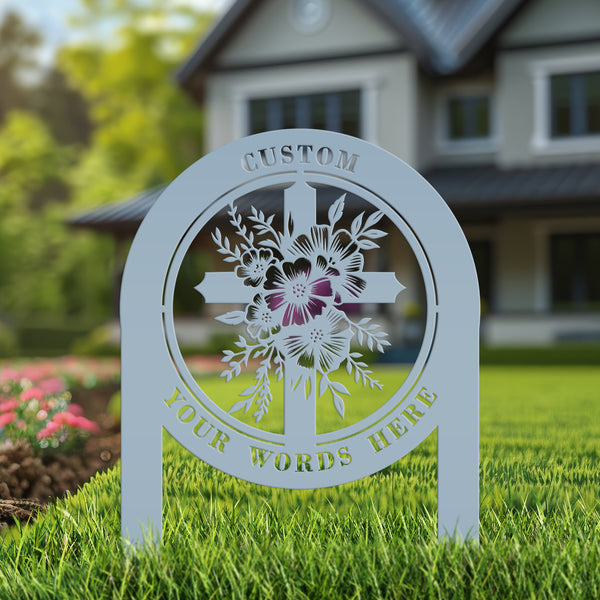 Floral Cross Metal Yard Stake - Outdoor Christian Art Decor - Flower Laser Cut Design - Faith Inspired Lawn Sign - Custom Gravesite Memorial