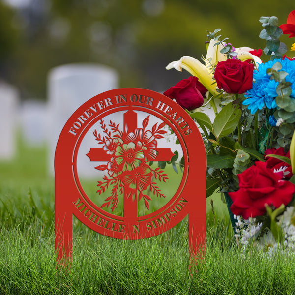 Floral Cross Metal Yard Stake - Outdoor Christian Art Decor - Flower Laser Cut Design - Faith Inspired Lawn Sign - Custom Gravesite Memorial