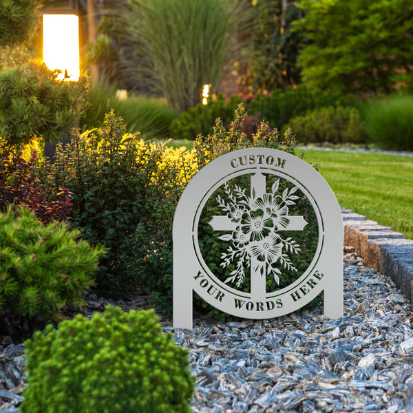 Floral Cross Metal Yard Stake - Outdoor Christian Art Decor - Flower Laser Cut Design - Faith Inspired Lawn Sign - Custom Gravesite Memorial