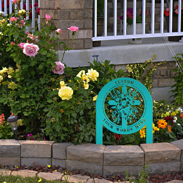 Floral Cross Metal Yard Stake - Outdoor Christian Art Decor - Flower Laser Cut Design - Faith Inspired Lawn Sign - Custom Gravesite Memorial