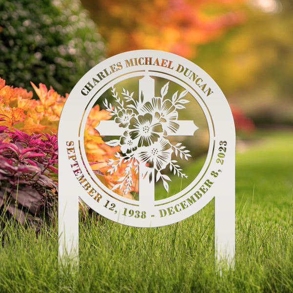 Floral Cross Metal Yard Stake - Outdoor Christian Art Decor - Flower Laser Cut Design - Faith Inspired Lawn Sign - Custom Gravesite Memorial