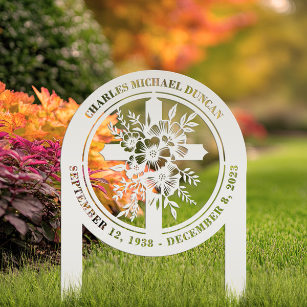 Floral Cross Metal Yard Stake - Outdoor Christian Art Decor - Flower Laser Cut Design - Faith Inspired Lawn Sign - Custom Gravesite Memorial