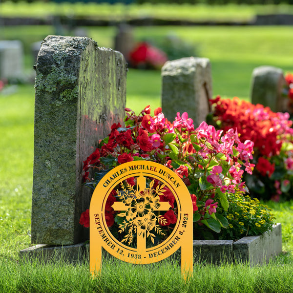 Floral Cross Metal Yard Stake - Outdoor Christian Art Decor - Flower Laser Cut Design - Faith Inspired Lawn Sign - Custom Gravesite Memorial
