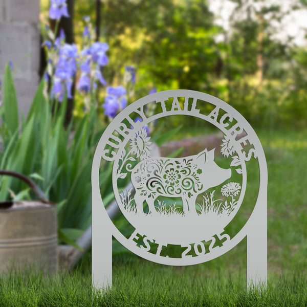 Custom Floral Pig Metal Outdoor Yard Stake - Farmhouse Style Decor Sign - Farm Animal Lawn Art - Cute Garden Decoration - Personalized Gift