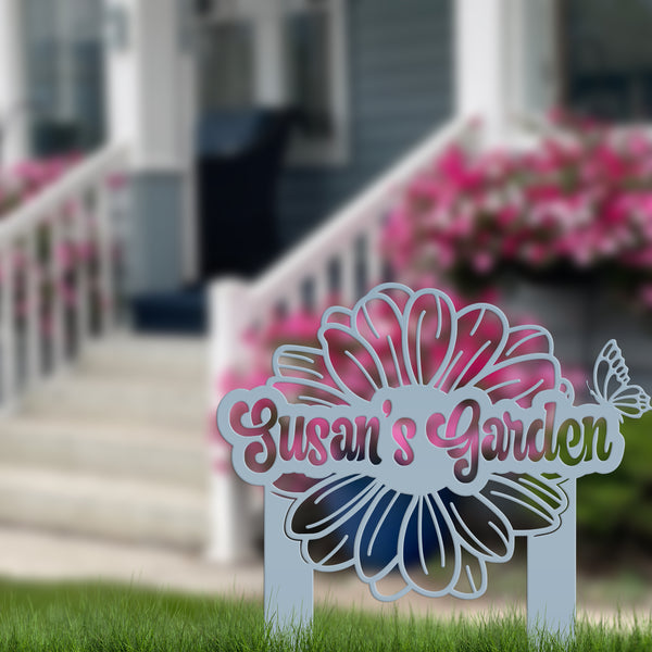 Custom Flower and Butterfly Yard Stake with Name- Personalized Flower and Butterfly Sign-Custom Butterfly Garden Yard Art-Lawn Art-Lawn Ornament