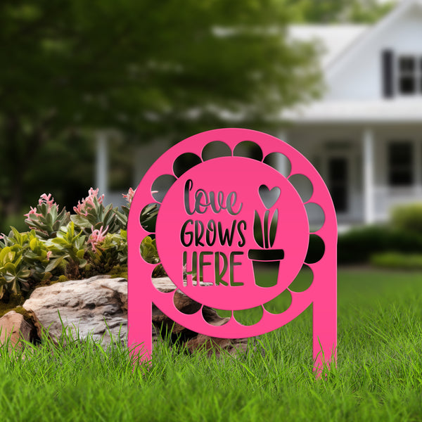 Love Grows Here Metal Yard Stake - Garden Decor-Spring-Easter Yard Ornaments -Decor -Flowerbed