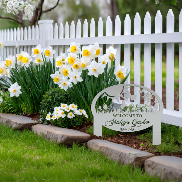 Garden Sign With Flowers and Butterflies, Personalized Gift For the Gardner