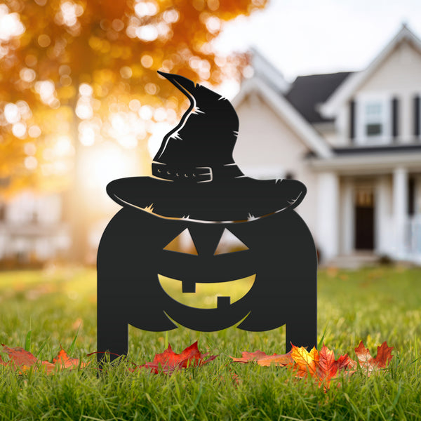 Pumpkin with Witch Hat Metal Yard Stake - Halloween Decor
