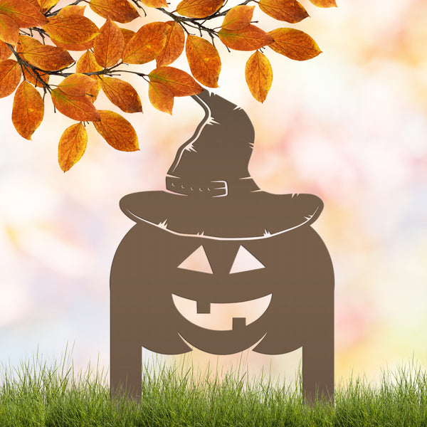 Pumpkin with Witch Hat Metal Yard Stake - Halloween Decor