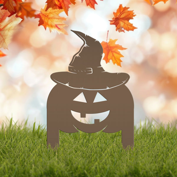 Pumpkin with Witch Hat Metal Yard Stake - Halloween Decor