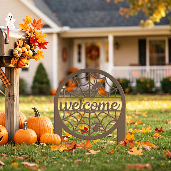 Spiderweb Welcome Metal Yard Sign, Spider Web Yard Lawn Decor, Halloween Spiderweb Yard Decor, Front Lawn Spiderweb Welcome Yard Stake, Spooky Spiderweb Lawn Ornaments