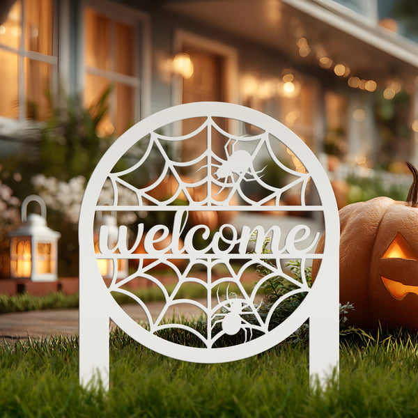 Spiderweb Welcome Metal Yard Sign, Spider Web Yard Lawn Decor, Halloween Spiderweb Yard Decor, Front Lawn Spiderweb Welcome Yard Stake, Spooky Spiderweb Lawn Ornaments