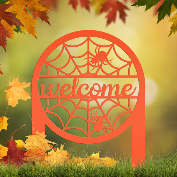 Spiderweb Welcome Metal Yard Sign, Spider Web Yard Lawn Decor, Halloween Spiderweb Yard Decor, Front Lawn Spiderweb Welcome Yard Stake, Spooky Spiderweb Lawn Ornaments