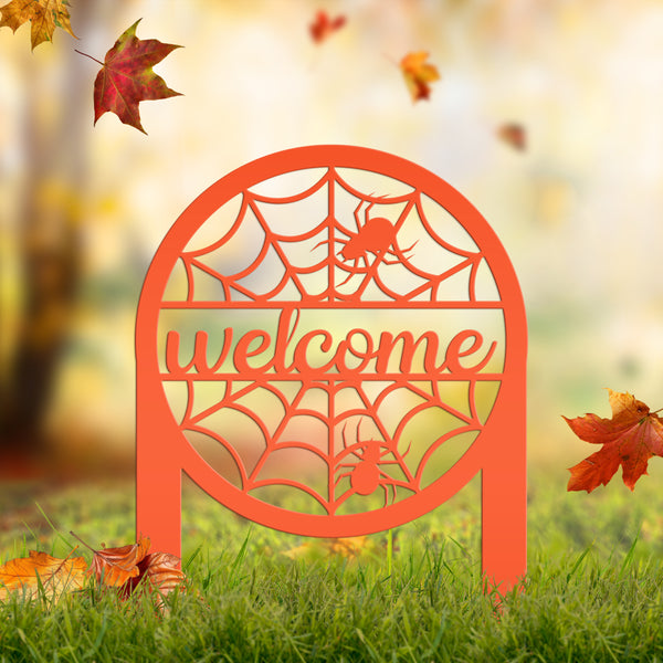 Spiderweb Welcome Metal Yard Sign, Spider Web Yard Lawn Decor, Halloween Spiderweb Yard Decor, Front Lawn Spiderweb Welcome Yard Stake, Spooky Spiderweb Lawn Ornaments